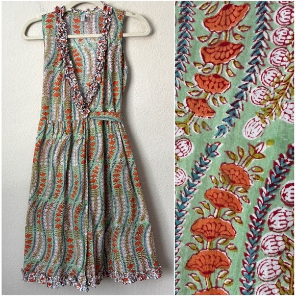 Anokhi Other - Anokhi Koki Boho Block Print Ruffle Trim Midi Wrap Dress Girls 10-11 Yrs